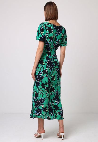 Angel Sleeves Green Midi Dress With Side Slit In Black Floral Print - ANGELEYE