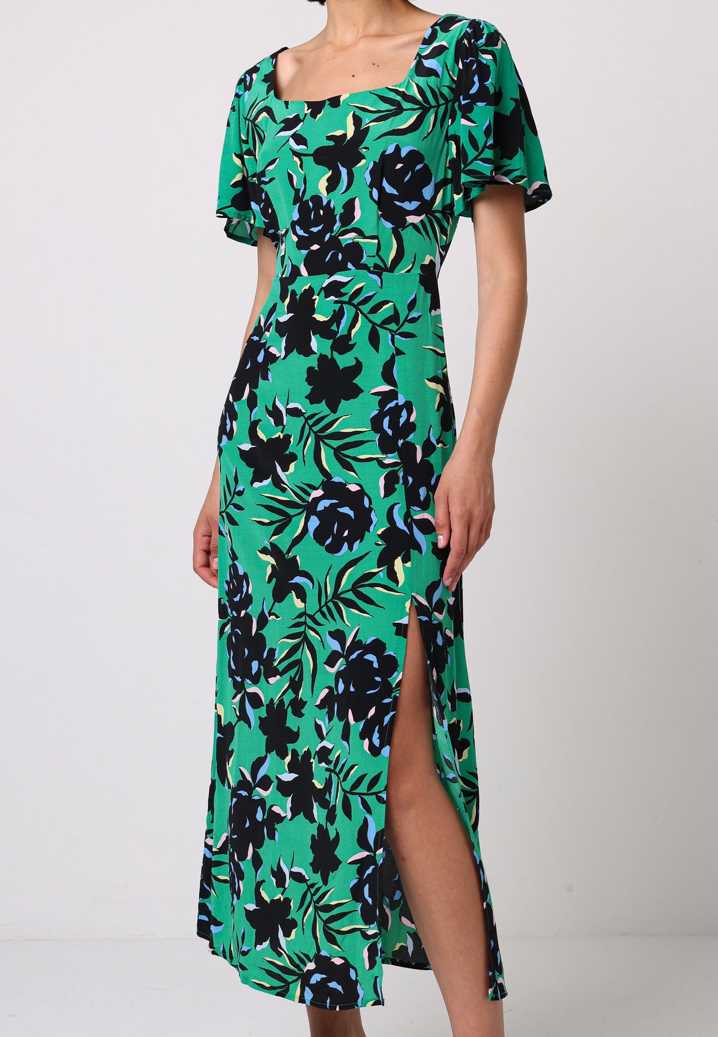 Angel Sleeves Green Midi Dress With Side Slit In Black Floral Print