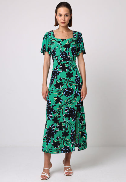 Angel Sleeves Green Midi Dress With Side Slit In Black Floral Print - ANGELEYE