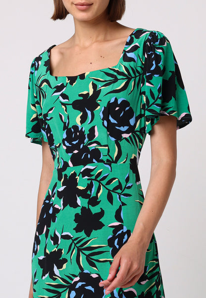 Angel Sleeves Green Midi Dress With Side Slit In Black Floral Print - ANGELEYE