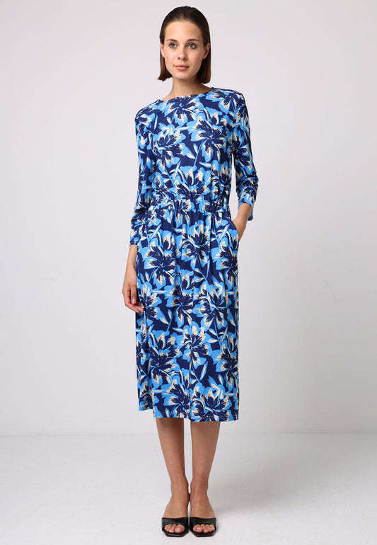 Elasticated Waist Midi Dress In Blue Floral Print - ANGELEYE