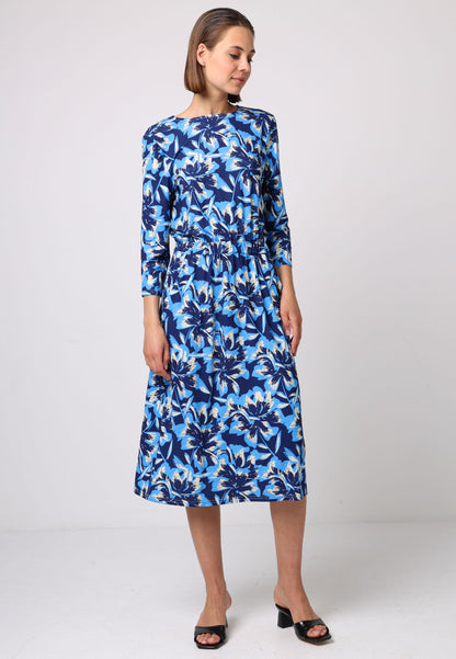 Elasticated Waist Midi Dress In Blue Floral Print - ANGELEYE