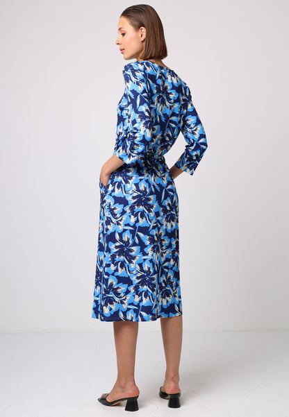 Elasticated Waist Midi Dress In Blue Floral Print - ANGELEYE