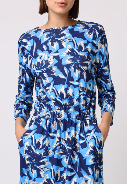 Elasticated Waist Midi Dress In Blue Floral Print - ANGELEYE