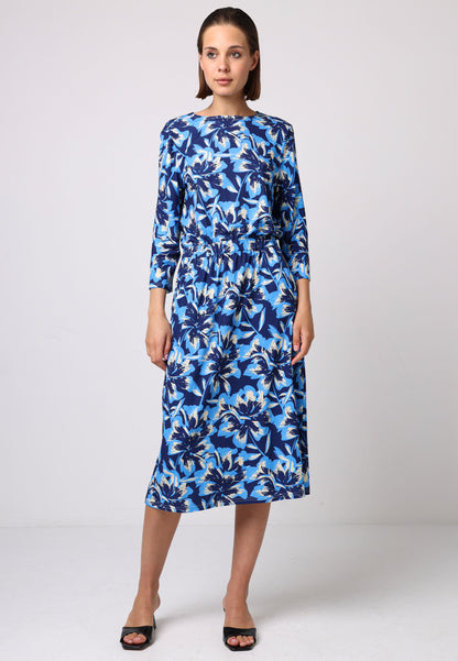 Elasticated Waist Midi Dress In Blue Floral Print - ANGELEYE