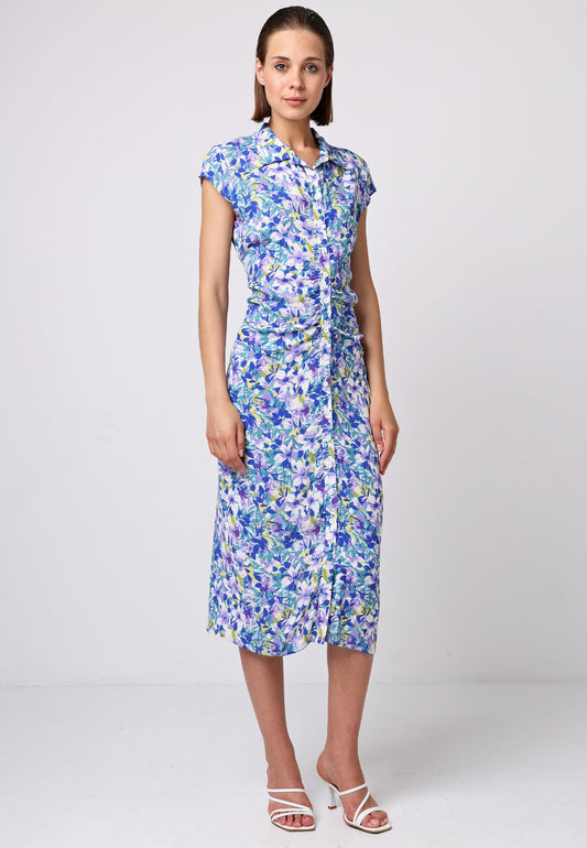 Front Ruched Midi Shirt Dress In Floral Print