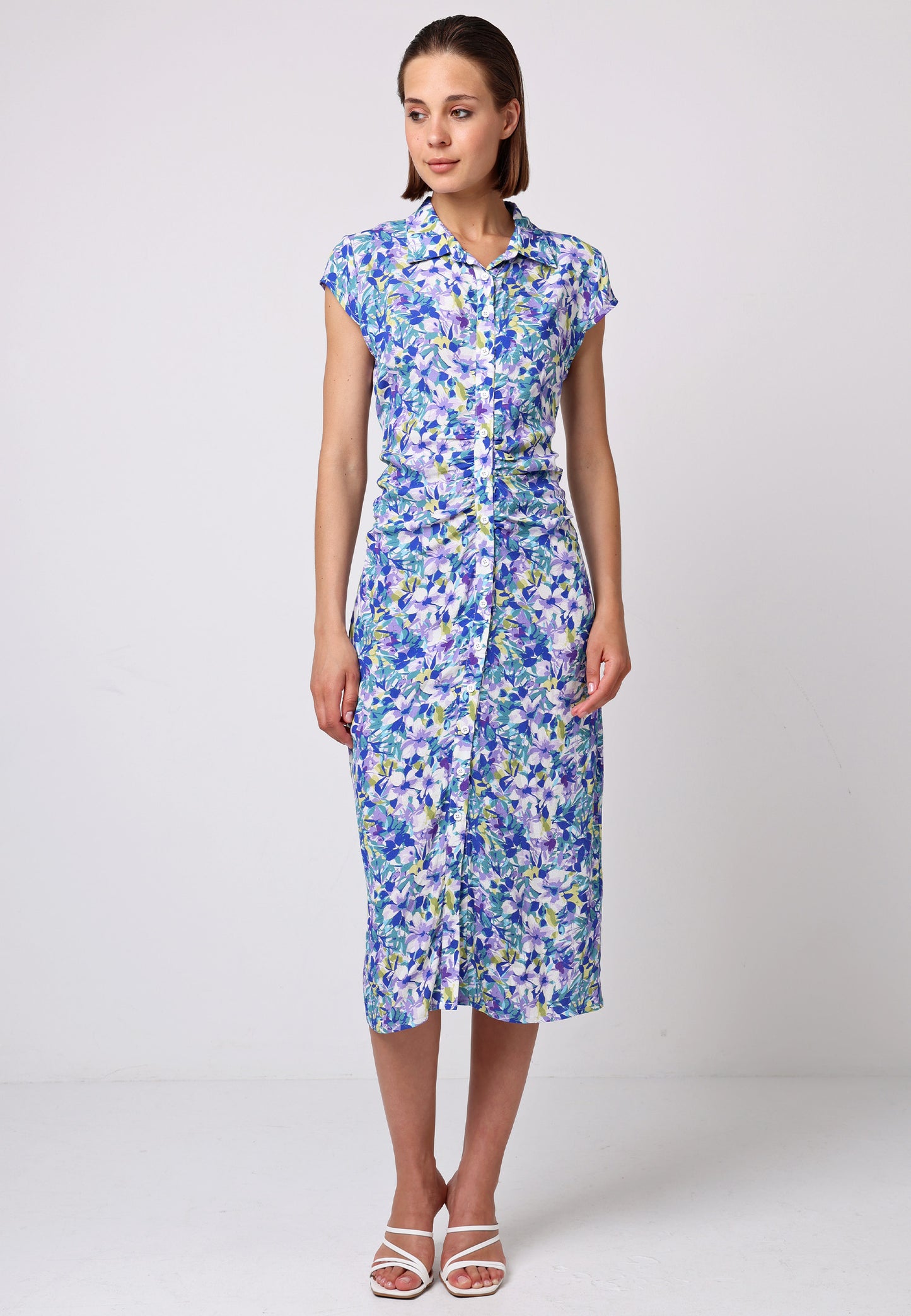 Front Ruched Midi Shirt Dress In Floral Print