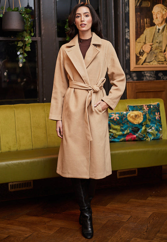 Long Coat With Tie Belt In Beige