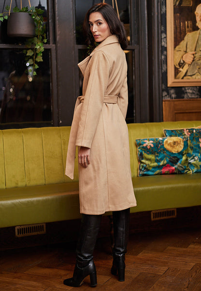 Long Coat With Tie Belt In Beige