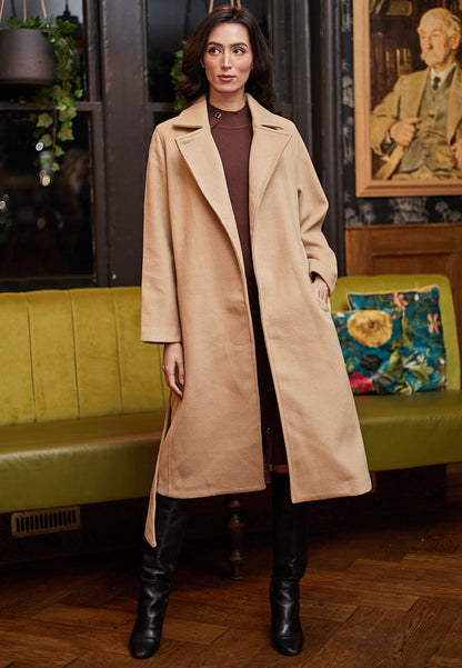 Long Coat With Tie Belt In Beige