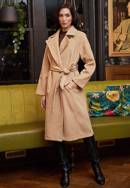 Long Coat With Tie Belt In Beige