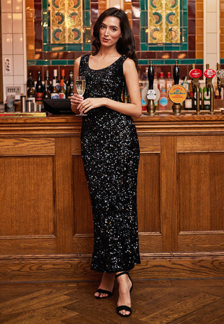 Midi Sleeveless Sequin Dress in Black Velvet