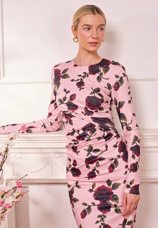 Midi Bodycon Dress in Pink Floral