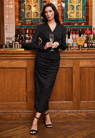 Ruched Maxi Dress in Black Shimmer