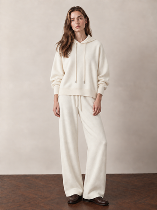 Cream Cotton Drawstring Hooded Knitted Pullover