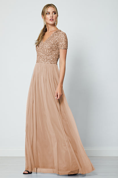 Bridesmaid V-Neck Embellished Sequin Maxi Dress - ANGELEYE