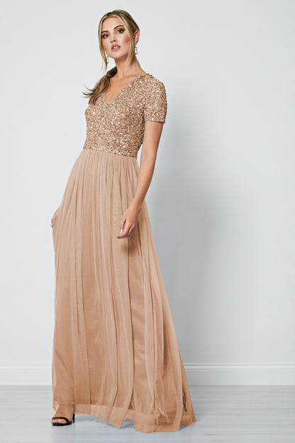 Bridesmaid V-Neck Embellished Sequin Maxi Dress - ANGELEYE