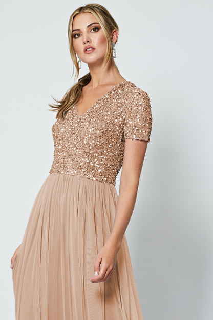 Bridesmaid V-Neck Embellished Sequin Maxi Dress - ANGELEYE