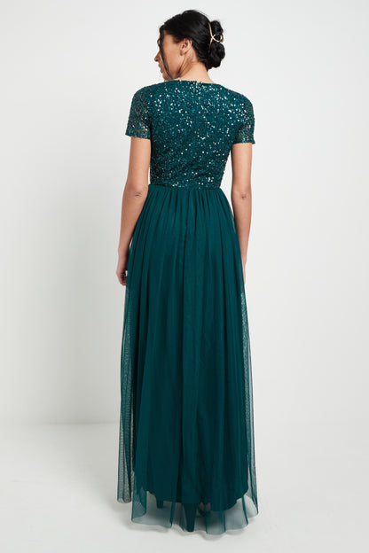 Bridesmaid V-Neck Embellished Sequin Maxi Dress - ANGELEYE