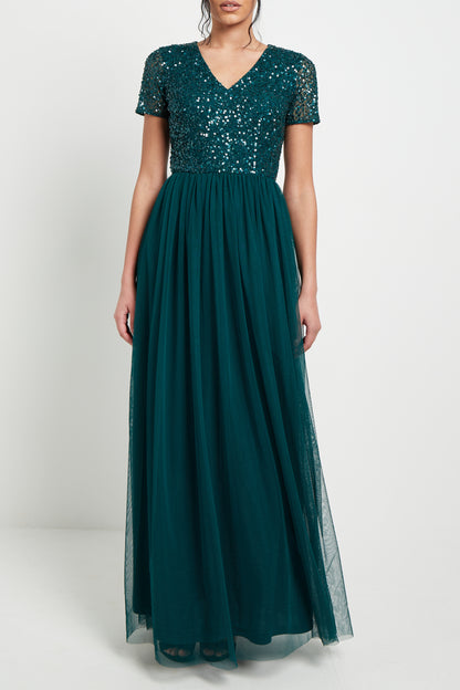 Bridesmaid V-Neck Embellished Sequin Maxi Dress - ANGELEYE