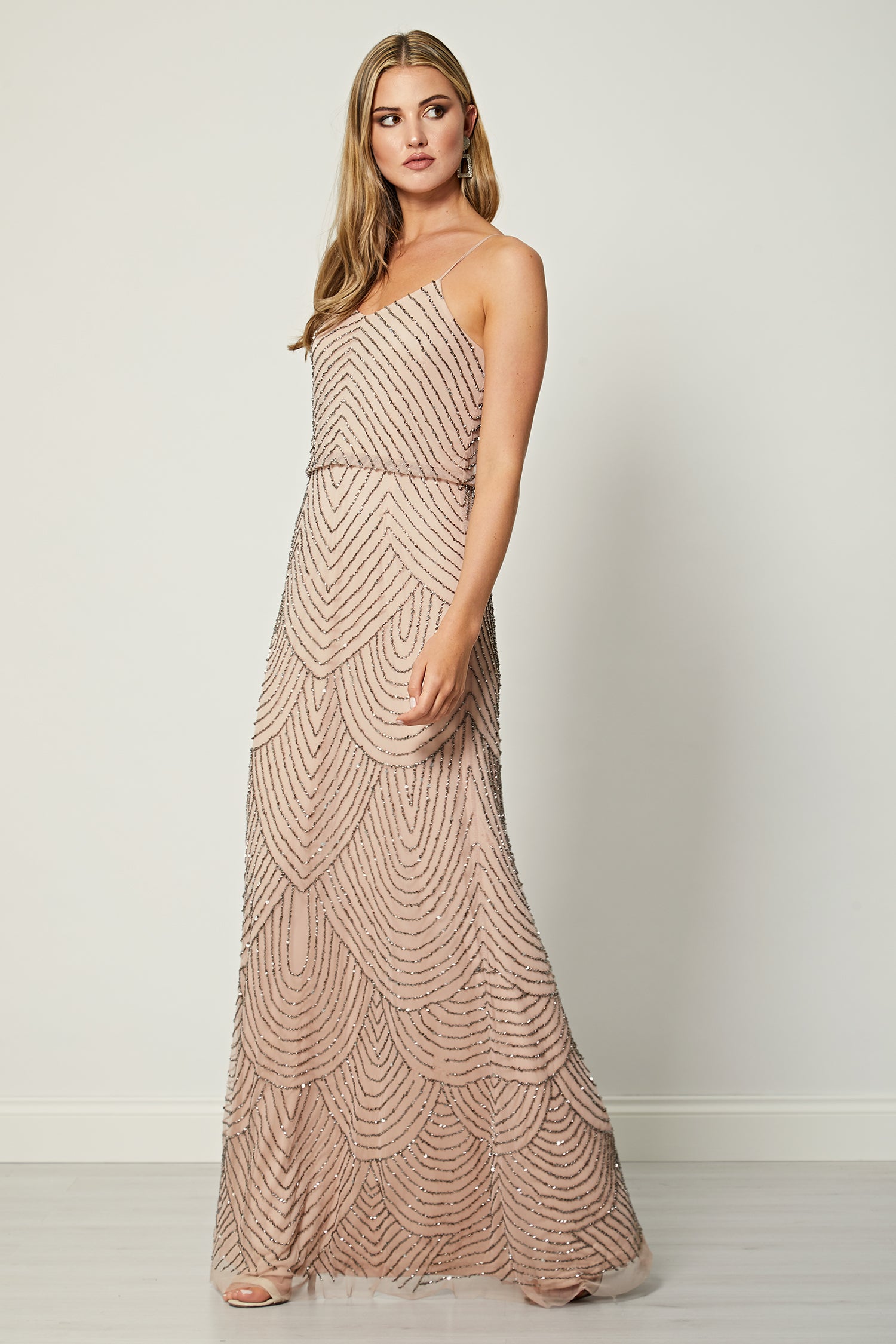 Embellished Sequin Stripe Cami Maxi Dress in Cameo Rose ANGELEYE