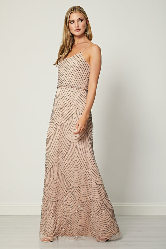 Cami Sequin Stripe Embellished Maxi Dress in Cameo Rose - ANGELEYE