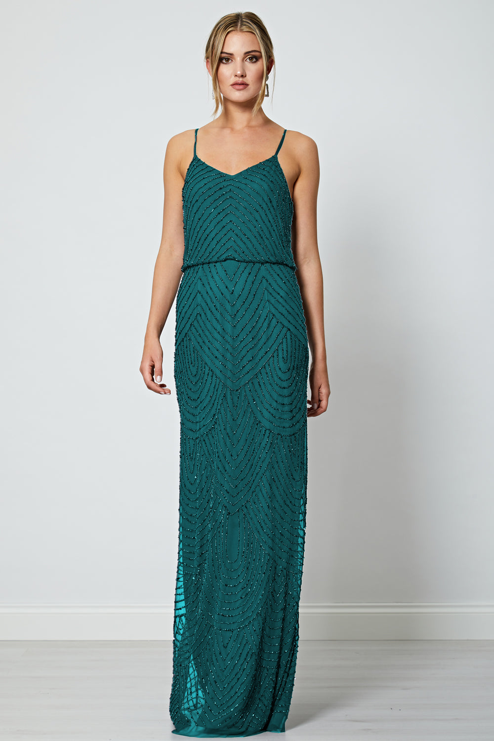 Cami Sequin Stripe Embellished Maxi Dress in Emerald Green - ANGELEYE