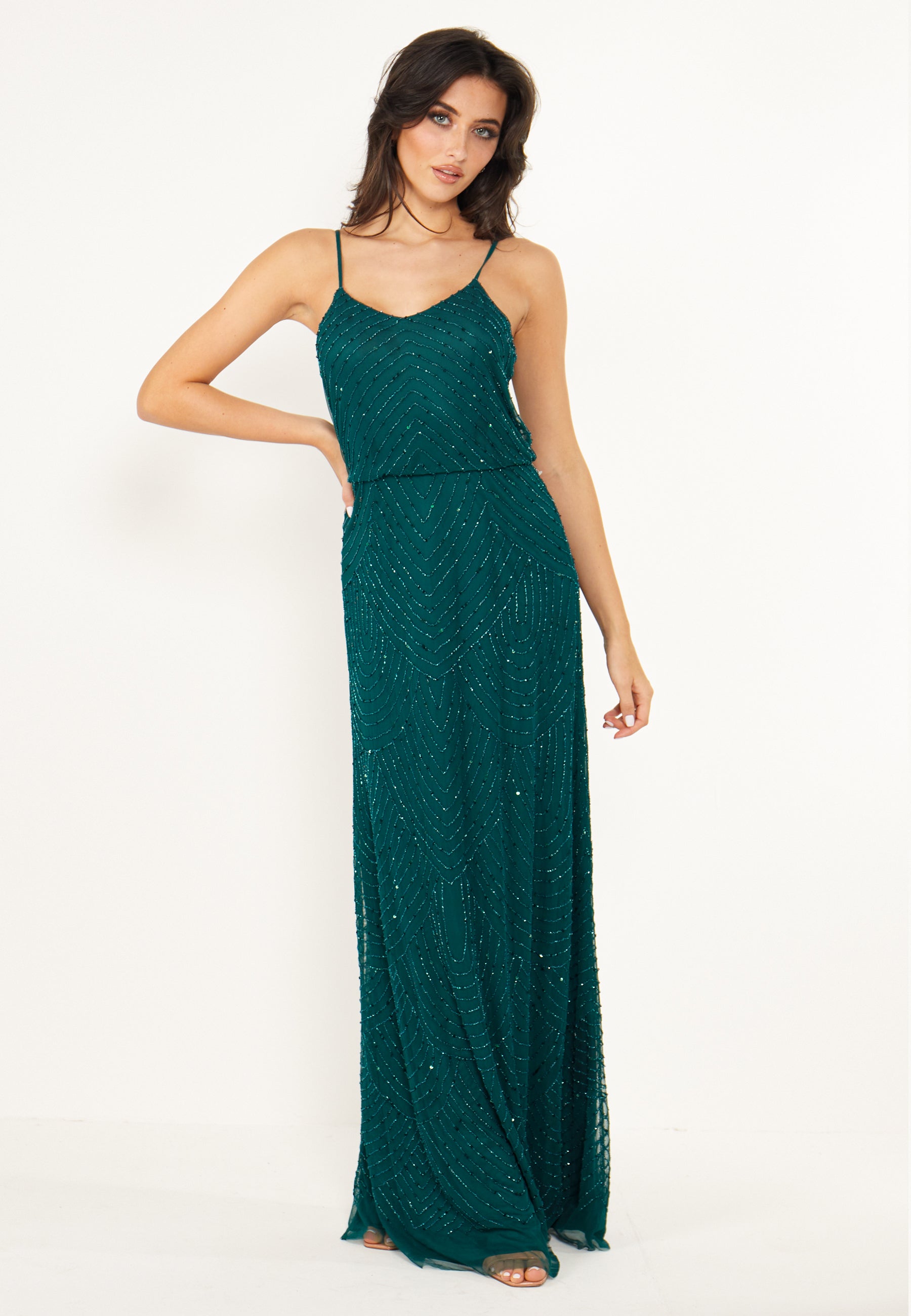 Cami Sequin Stripe Embellished Maxi Dress in Emerald Green - ANGELEYE