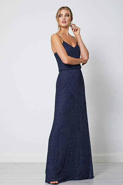 Cami Sequin Stripe Embellished Maxi Dress in Navy - ANGELEYE