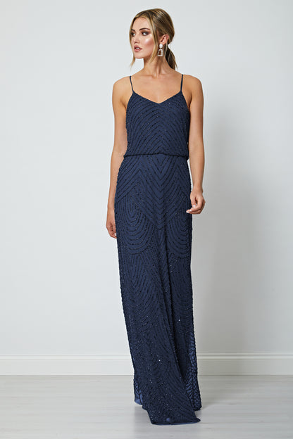 Cami Sequin Stripe Embellished Maxi Dress in Navy - ANGELEYE