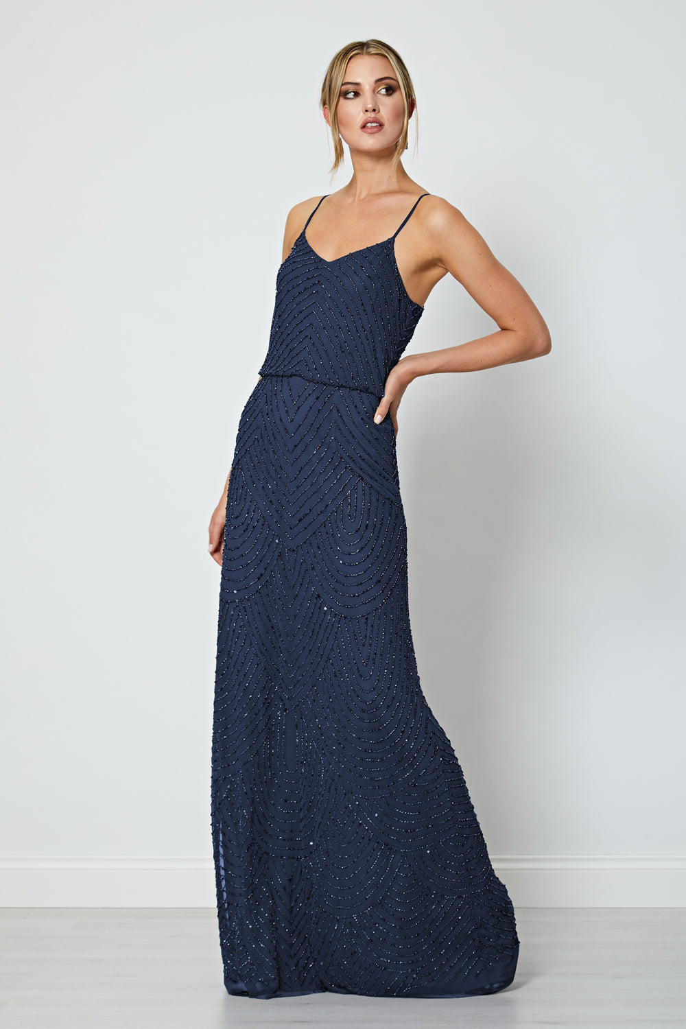 Embellished Sequin Stripe Cami Maxi Dress in Navy