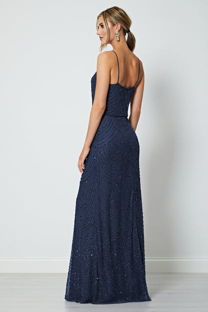 Cami Sequin Stripe Embellished Maxi Dress in Navy - ANGELEYE