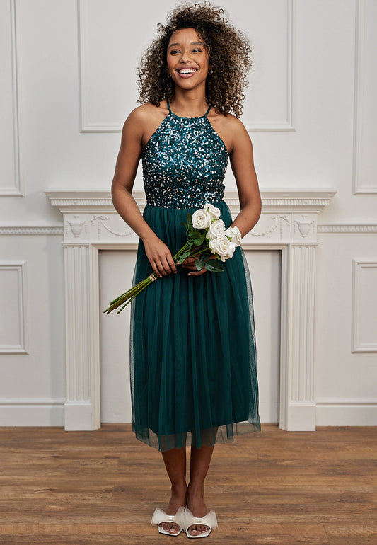 Embellished Halterneck Sequin Midi Dress in Emerald Green