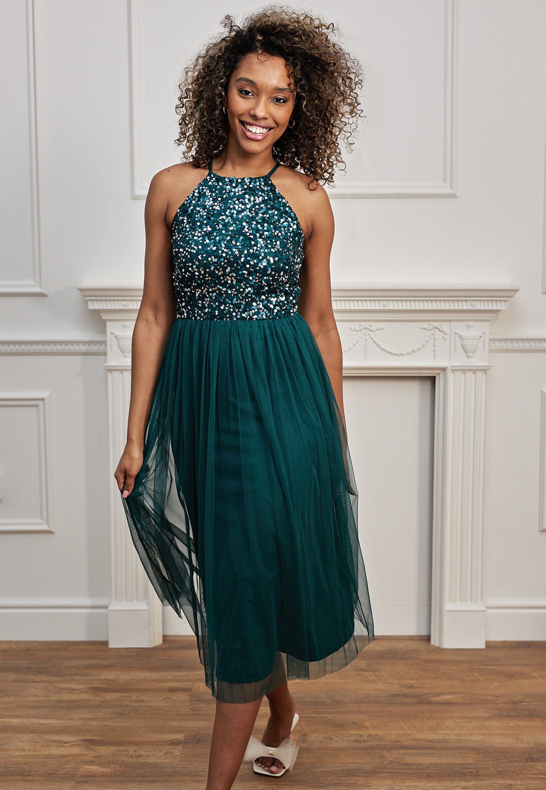 Embellished Halter Neck Midi Dress in Emerald Green | ANGELEYE Embellished Halter Neck Midi Dress in Emerald Green | ANGELEYE