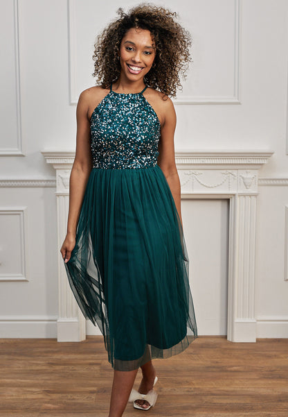 Embellished Halterneck Sequin Midi Dress in Emerald Green