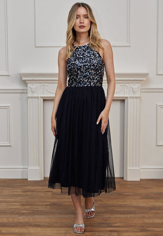 Embellished Halterneck Sequin Midi Dress in Navy - ANGELEYE