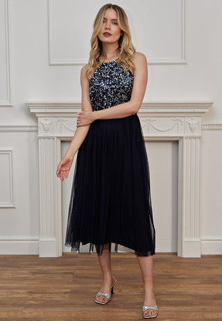 Embellished Halterneck Sequin Midi Dress in Navy - ANGELEYE