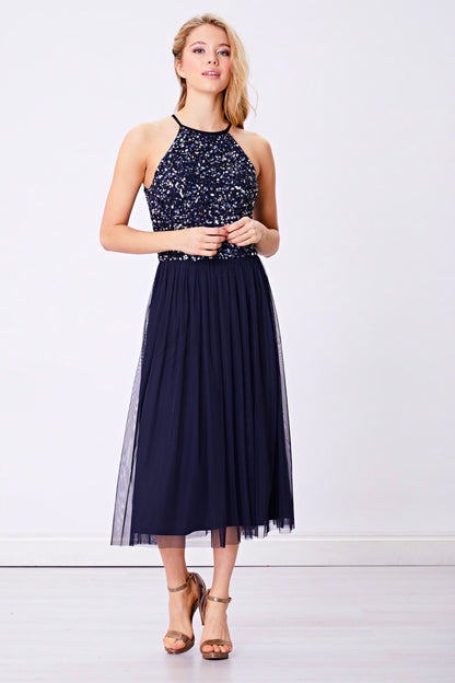 Embellished Halterneck Sequin Midi Dress in Navy - ANGELEYE