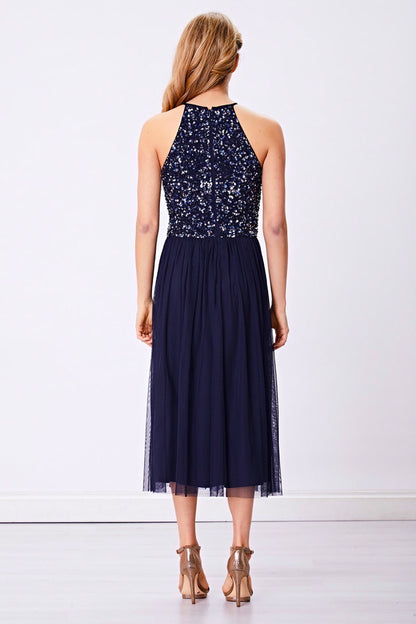 Embellished Halterneck Sequin Midi Dress in Navy - ANGELEYE