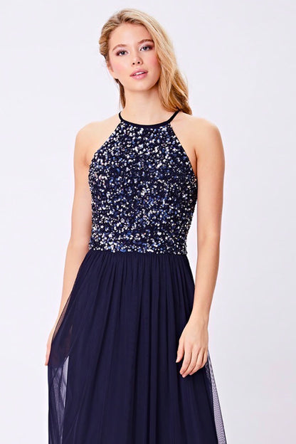 Embellished Halterneck Sequin Midi Dress in Navy - ANGELEYE