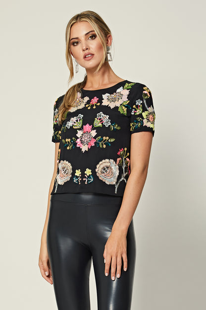 Short Sleeve Embellished Floral Top - ANGELEYE