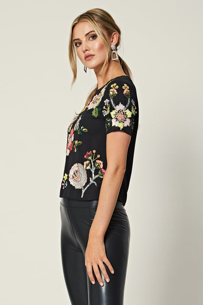 Short Sleeve Embellished Floral Top - ANGELEYE