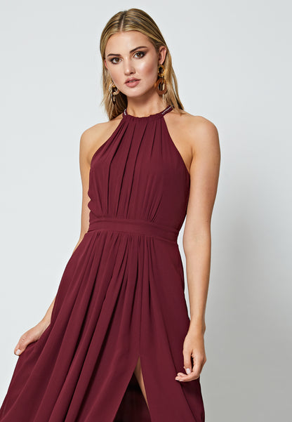 Beaded Halterneck Maxi Dress in Burgundy - ANGELEYE