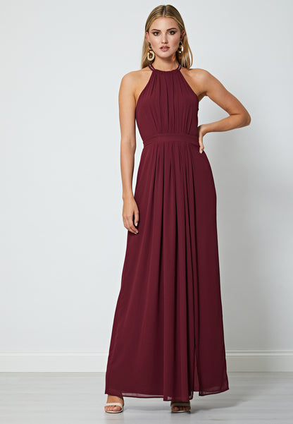 Beaded Halterneck Maxi Dress in Burgundy - ANGELEYE