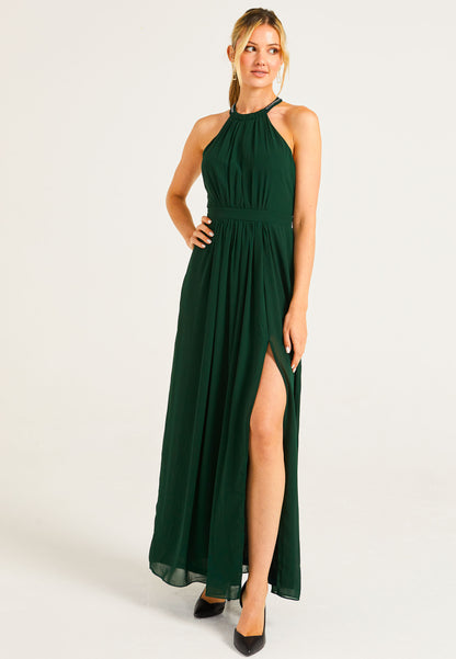 Beaded Halterneck Maxi Dress in Emerald Green - ANGELEYE