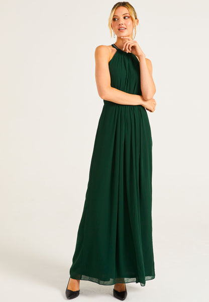 Beaded Halterneck Maxi Dress in Emerald Green - ANGELEYE