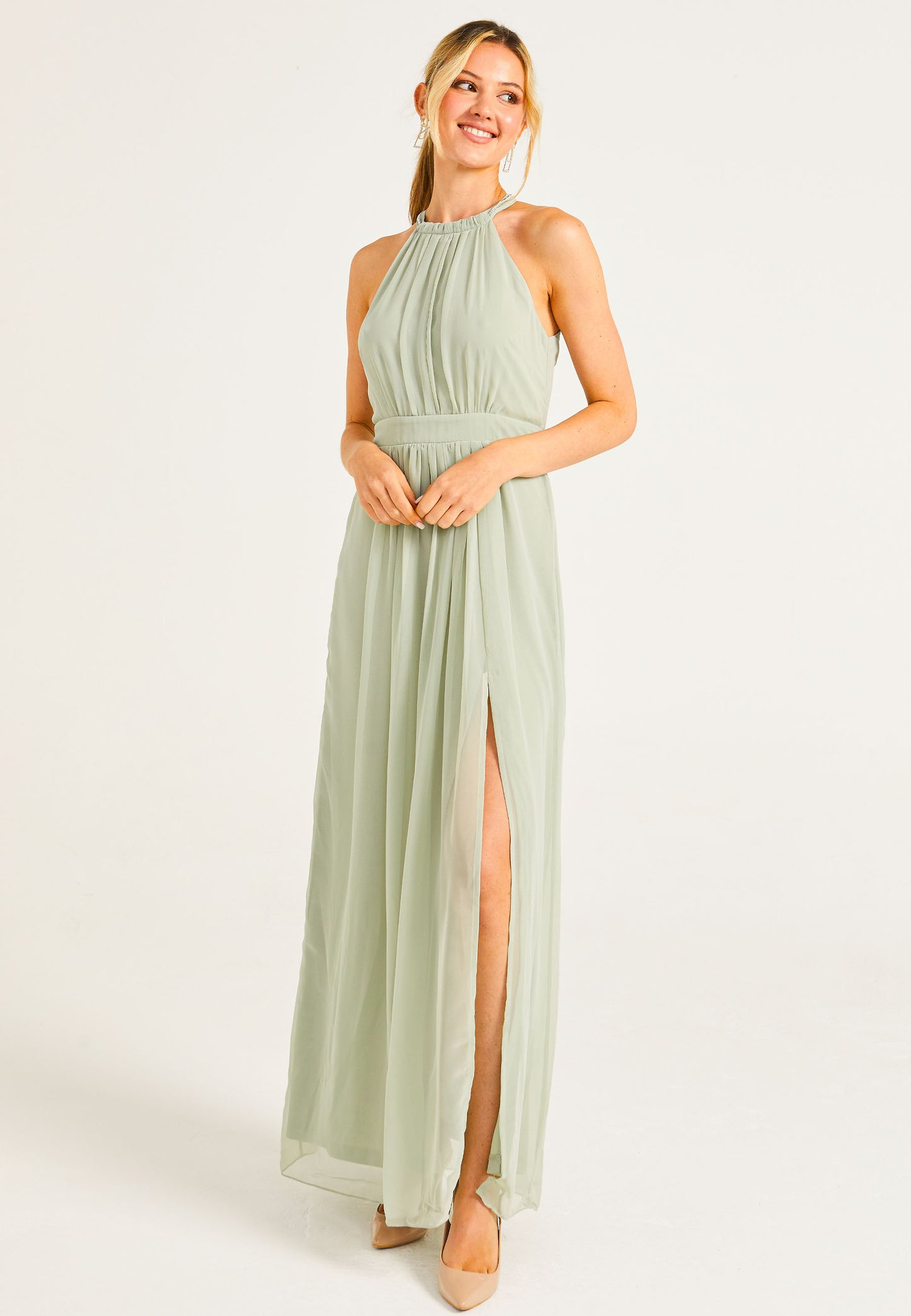 Beaded Halterneck Maxi Dress in Sage Green - ANGELEYE