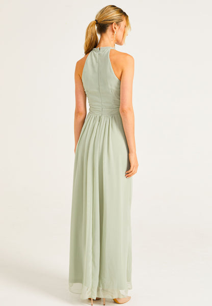 Beaded Halterneck Maxi Dress in Sage Green - ANGELEYE