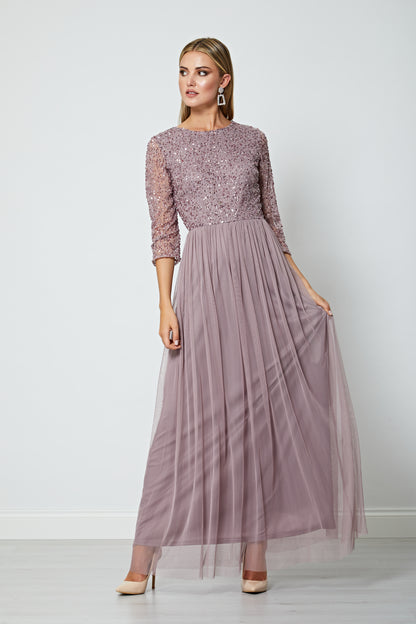 Embellished Sequin Long Sleeve Maxi Dress in Lavender - ANGELEYE