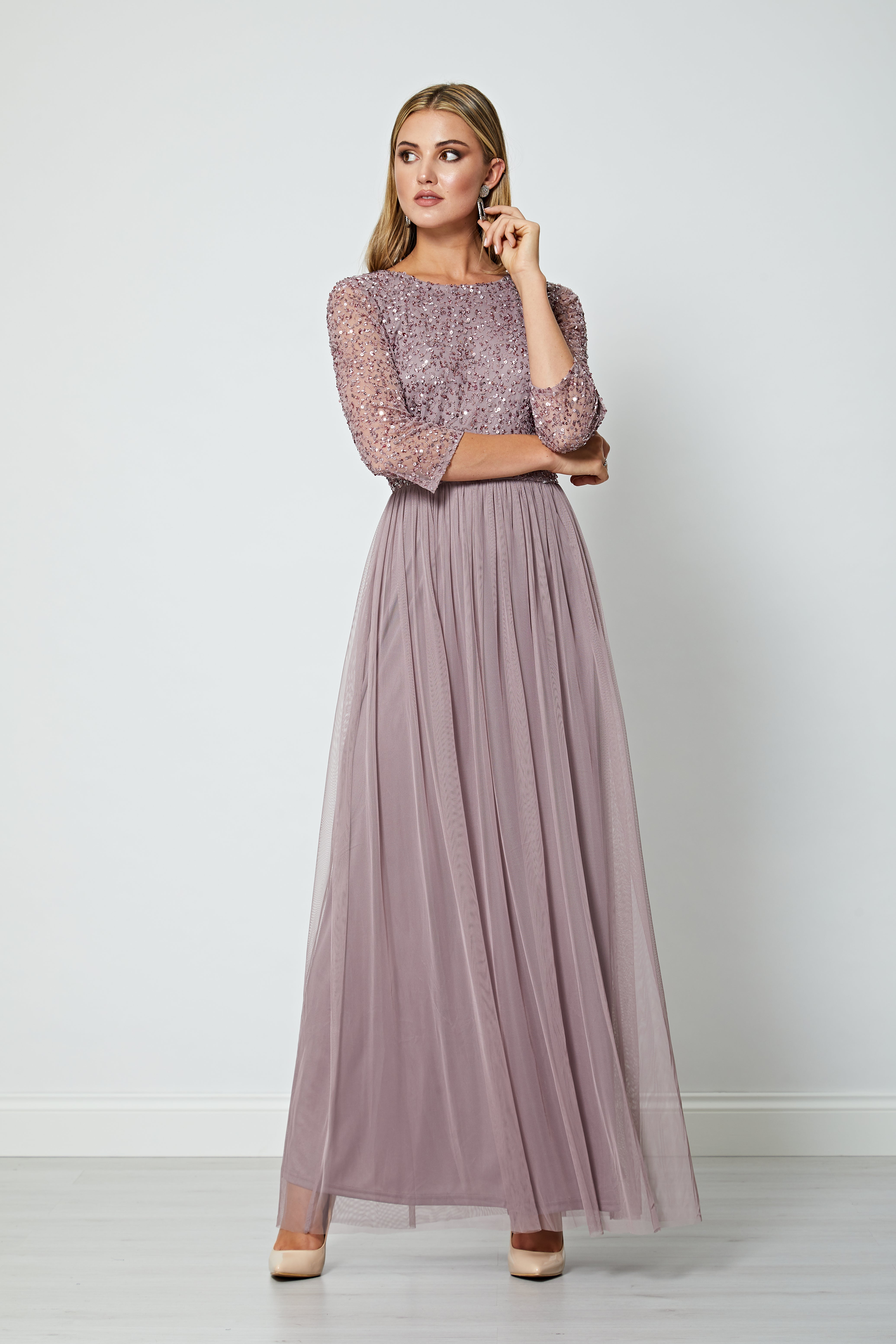 Embellished Sequin Long Sleeve Maxi Dress in Lavender | ANGELEYE Embellished Sequin Long Sleeve Maxi Dress in Lavender | ANGELEYE